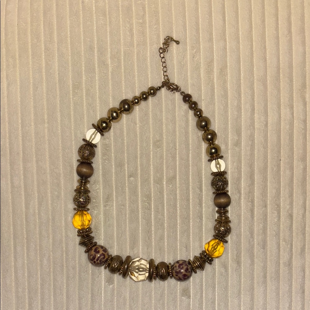 Gold and Brown Beaded Necklace with Chain Closure